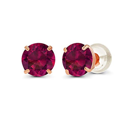 Solid 14K Yellow or White or Rose Gold 6mm Round Genuine Birthstone Gemstone Prong Set Stud Earrings For Women - color: Ruby Created