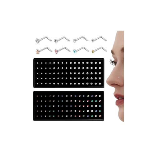 LOLIAS 80-160Pcs Surgical Steel Nose Rings Studs for Women Hypoallergenic | Straight or L Shaped Small Nose Studs Pin,Hypoallergenic 20G 22G Tiny Bone Nose Piercing Jewelry, 1.5/2/2.5/3 mm CZ Mix - color: 160Pcs 20G L shaped（white&multicolor）