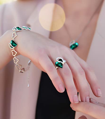 Leafael Infinity Love Women's Adjustable Crystal Heart Ring with Birthstone Crystals Healing Stones, Jewelry Gifts for Women, Birthdays Valentine's Day, Silver-Tone, Open End, Size 6.5-8 - color: 11-May-Romance-Emerald Green