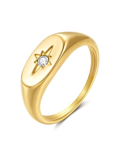 YeGieonr Gold Rings for Women Non Tarnish, 18K Gold Plated Stainless Steel North Star Signet Ring, Waterproof Dainty Pinky Statement Ring, Tarnish Free Gold Jewelry for Women - color: North Star