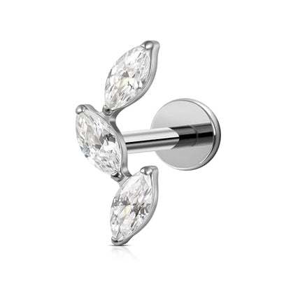 FINE4U 16G CZ Cluster Climber Cartilage Earring for Helix, Tragus - ASTM F136 Titanium Triple Marquise Labret Stud, Screw on Nickel Free Flat Back Jewelry - color: Triple Marquise - White CZ - Tit