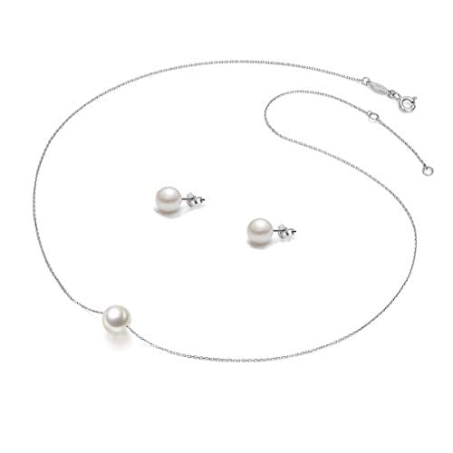 Bridesmaids Gifts Single Pearl Necklace Silver Stud Earrings Gift Floating Pendant 8-9mm Simple Chain Jewelry Set for Women Maid of Honor Wedding Classic Fashion Style