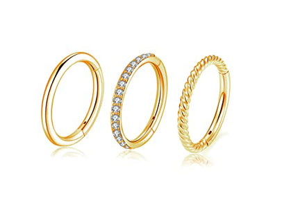 16G 18G 6mm 8mm 10mm Hinged Clicker Segment CZ Twisted Clicker Nose Rings Hoop Helix Cartilage Daith Tragus Sleeper Earrings Body Piercing for Women Men - style: 16G - 8mm - 3Pcs Gold