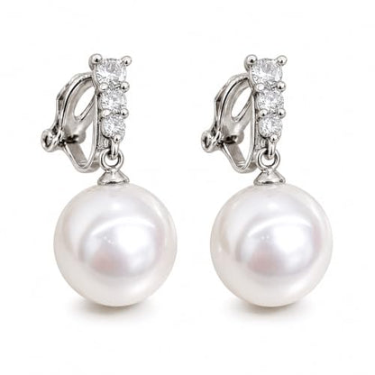 Pearl Clip on Earrings for Women - 14K Gold Silver Plated Cubic Zirconia Non Pierced Ear Clips Jewelry Gifts for Wedding Bridal Party Gifts - color: Silver -1 line CZ