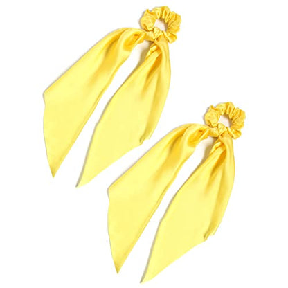 Pack of 2 Knotted Bow Hair Scrunchies Elastic Hair Scarf Hair Ties Bands Satin Hair Ribbon Scrunchy Ponytail Holder for Women and Girls, Hair Scarf Scrunchies,Hair Accessories(Yellow) - color: Yellow
