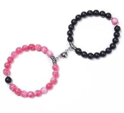 Set Of 2 Couples Bracelet Magnetic Healing Natural Bead Stone Stretch Bracelet Unisex Anniversary, Friendship, Valentine, Christmas Gift - color: Black+Pink, style: Without Giftbox
