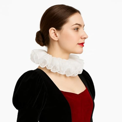 Neck Ruffle Collar and Lace Cuffs Set Victorian Collars Costume Accessories | for Cosplay, Halloween, Masquerade, Party, Clown, Vampire, Princess, Prince Outfits-White - color: White