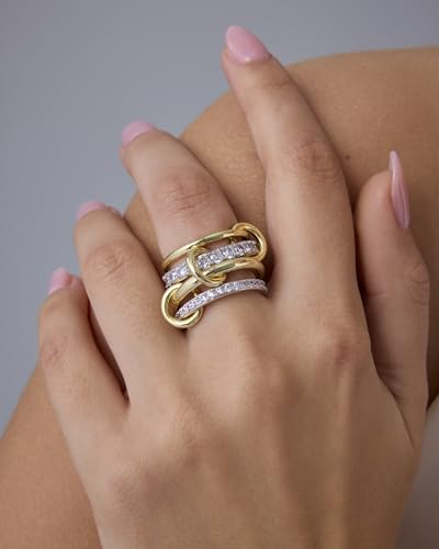 PAVOI 14K Gold Plated Interlocked Stackable Rings for Women - Statement Mixed Metals Multi Ring Stack - Cubic Zirconia Two-Toned Connected Bands Stacking Jewelry - style: Thick Bands & CZ - Two Toned