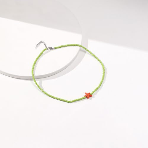 Seed Bead Choker Necklace for Women Bohemian Tiny Beads Choker Colorful Rice Bead Starfish Choker Summer Surfer Beach Necklace Jewelry Gift - color: Light Green