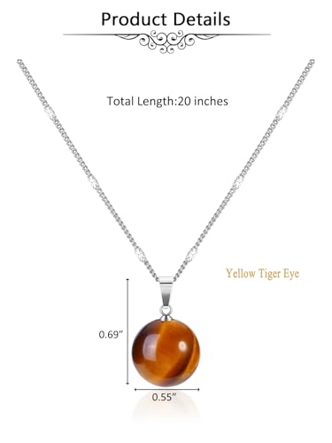 Jovivi Amethyst Obsidian Healing Crystals Ball Necklace for Women Men | 14mm Natural Stone Round Ball Bead Necklace Handmade Gemstone Pendant Protection Crystals Birthstone Jewelry - color: Tiger Eye