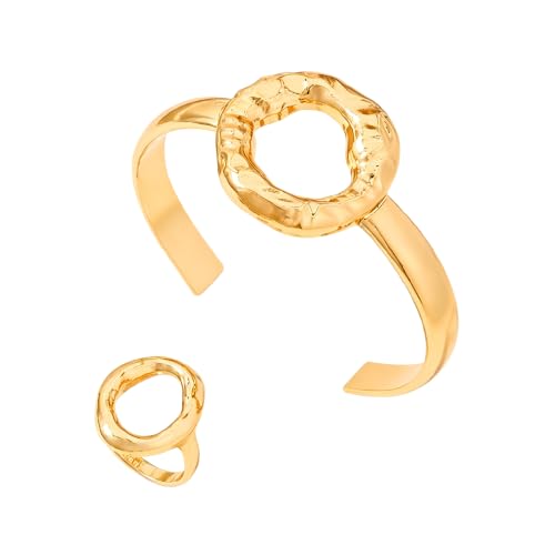 Gold Bangle Ring Set for Women Chunky Statement Jewelry Set Geometric Bangle Bracelet And Ring Minimalist Daily Wear Party Jewelry Gift - color: Gold B