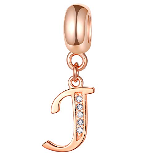 EMOSTAR Letter Charms Initial A-Z Alphabet Beads, Rose Gold 925 Sterling Silver Dangle CZ Birthstone Pendant, Gifts for European Charm Bracelet/Mothers Day/Birthday - color: Letter J