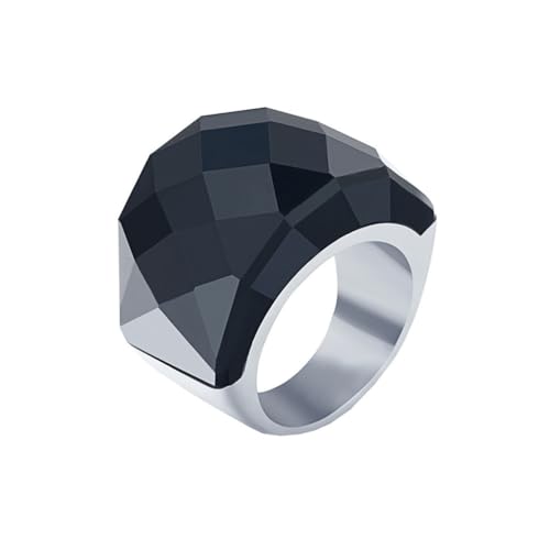 Oversize Crystal Glass Rhinestone Statement Ring Stainless Steel Pink Royal Purple Rainbow Cubic Zirconia Chunky Wedding Band for Women Cocktail Party Ring for Ladies Birthday - color: Silver Black Stone
