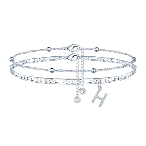 Ankle Bracelets for Women, 14K Gold Plated Dainty Layered Chain CZ Initial Anklets Summer Jewelry Gifts for Women - style: H-Silver