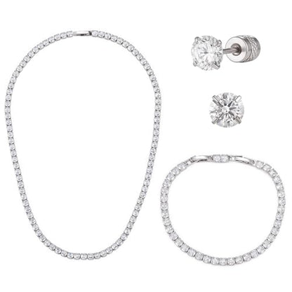 Tennis Jewelry Set for Women 4mm Cubic Zirconia Necklace Bracelet Earring 3Pcs Set Silver Tone Hypoallergenic Iced Out CZ Bridal Accessories Dainty Wedding Party Anniversary Birthday Gift for Her - color: silver 15 inches