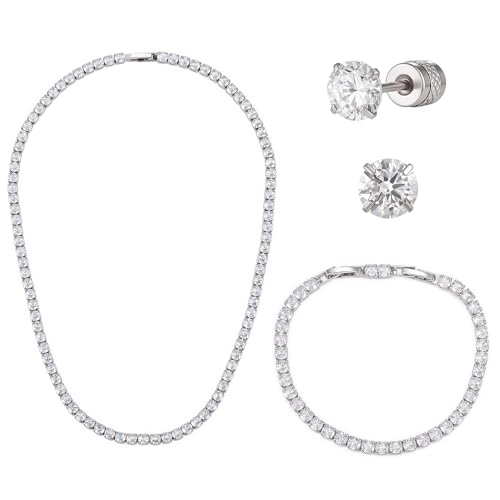 Tennis Jewelry Set for Women 4mm Cubic Zirconia Necklace Bracelet Earring 3Pcs Set Silver Tone Hypoallergenic Iced Out CZ Bridal Accessories Dainty Wedding Party Anniversary Birthday Gift for Her - color: silver 16 inches