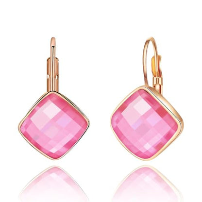 Austrian Crystal Square Leverback Drop Earrings for Women | Classic Square-Cut Crystal,14K Gold-Plated,Leverback for Easy Secure Wear,Gift Box Included,For Day and Evening Events - color: Pink
