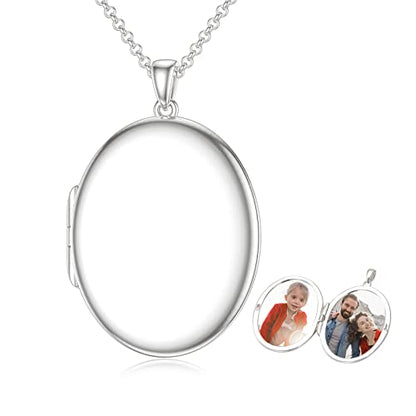 SOULMEET 10K 14K 18K Solid White Gold/Silver Minimalist Style/Infinity Sunflower Heart/Oval Locket Necklace That Holds 1 or 2 Pictures Personalized Photo Locket Necklace Letters Engraving - style: E2-White gold oval locket+photo