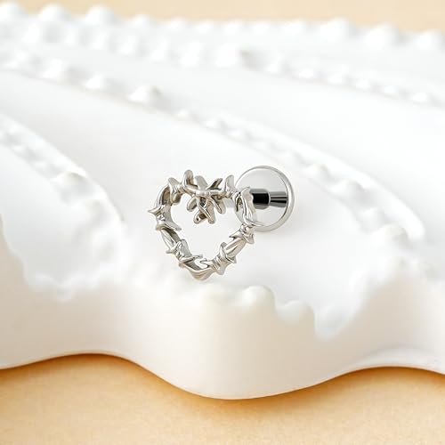 Hollow Heart Piercing Jewelry Collection - ASTM F136 Titanium Internally Threaded Flat Back Stud for Cartilage, Helix, Conch - color: Spiked Heart - Tit
