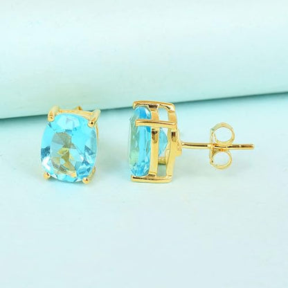 Women's 18K Gold Plated 8x10mm Princess Cut Gemstone Stud Earrings – Birthstone Jewelry for Her – Classic Cushion Studs - color: Blue Topaz