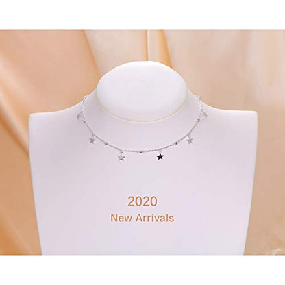 Ladytree S925 Sterling Silver Dainty Simple Choker Necklace,Rolo Chain,Adjustable 13 inches to 16 inches - style: 03_Beads Stars choker