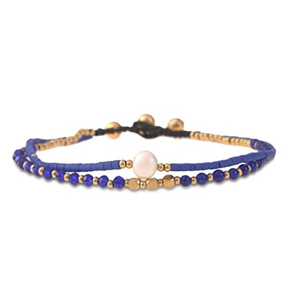 Made by Nami Boho Surfer Anklet Waterproof & Adjustable Beaded Anklets for Women Beachy Ankle Bracelet Made from Waxed Cotton Rope and Beads for Summer and Hippie Style - color: Blue Pearl
