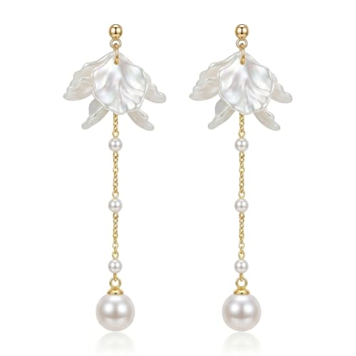 Kruckel Long Dangle Earrings for Women, White Floral Pearl-Inspired | Pearl Drop Earrings, Lightweight Gold-Tone Jewelry for Weddings, Parties, Bridesmaids, Birthdays and Occasion Gifts - color: White Gold E
