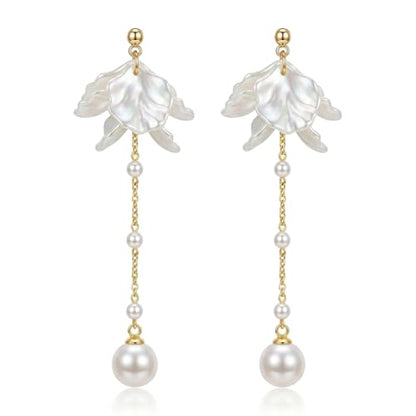 Kruckel Long Dangle Earrings for Women, White Floral Pearl-Inspired | Pearl Drop Earrings, Lightweight Gold-Tone Jewelry for Weddings, Parties, Bridesmaids, Birthdays and Occasion Gifts - color: White Gold E