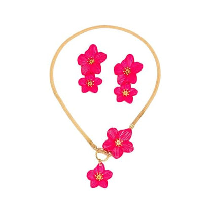 Colorful Flower Necklace Earrings Set for Women Gold Snake Chain Toggle Clasp Pendant Necklaces Dainty Double Flowers Statement Earrings Bridal Wedding Summer Beach Jewelry for Women - color: rose red