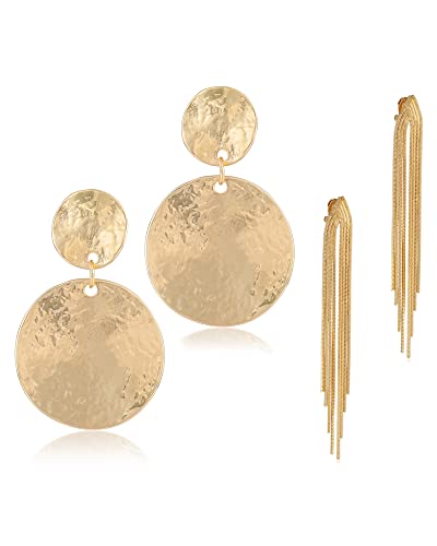 Gold Metal Clip On Earrings for Women Non Pierced Dangle Drop Earrings Multiple Styles - color: gold tassel + disc