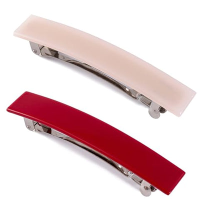 2 Pack French Design Hair Barrettes Acetate Celluloid Rectangle Hair Clips for Women - color: Pear White+Red