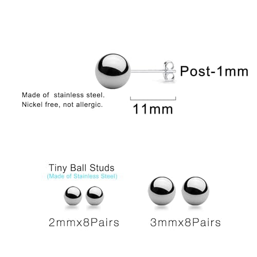 15 Pairs Surgical Steel Ball Stud Earrings Set | Fadeless, PVD Plating, Stainless Steel, Fadeless, Waterproof, High Polish, Hypoallergenic - color: Silver 16Pairs (2mm 3mm )