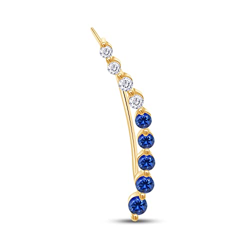 Floating Curved Bar One Piece Left Ear Crawler Earrings With Birthstone | White CZ In 14K Yellow Gold Over Sterling Silver - color: Simulated Blue Sapphire