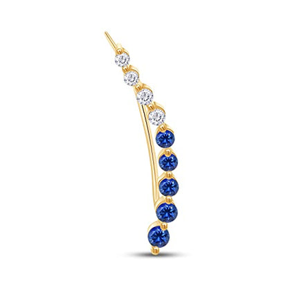 Floating Curved Bar One Piece Left Ear Crawler Earrings With Birthstone | White CZ In 14K Yellow Gold Over Sterling Silver - color: Simulated Blue Sapphire