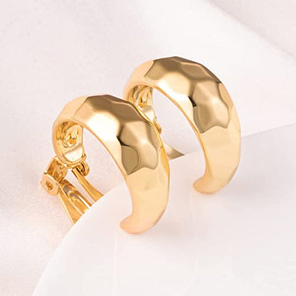 Clip on Earrings Women, 14K Gold Hoop Clip-On Earrings for Women, Hypoallergenic Non Pierced Croissant Earrings - color: Gold High Gloss Hoop