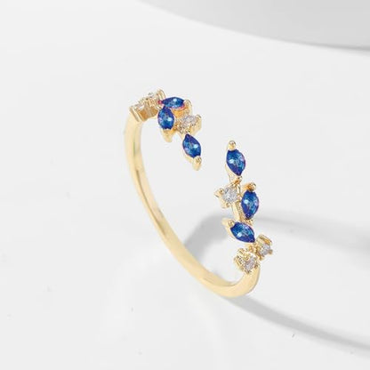 Gold Rings Non Tarnish Silver Adjustable Rings for Women Cubic Zirconia Leaf Ring Dainty Silver Stackable Ring for Women - style: blue