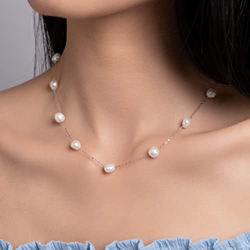 925 Sterling Silver Dainty Freshwater Cultured Pearl Choker Necklace White Genuine Real Pearl Charm Necklaces Jewelry Gifts for Her - color: Satellite Baroque 8-9mm-Silver