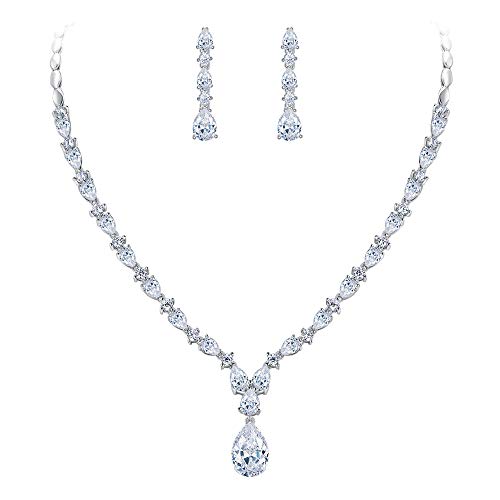 EVER FAITH Pear Shaped Cubic Zirconia Bridal Wedding Jewelry Set for Women | Gorgeous Water Drop Bride Necklace Dangle Earrings, for Bride Bridesmaid - color: Clear