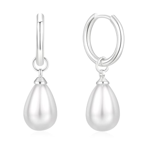 14k Gold Plated Lightweight Pearl Earrings,Trendy Jewelry,Teardrop Hoop Earrings for Women,Pearl Drop Earrings,Elegant Jewelry for Gifts - color: Circle Pearl Silver