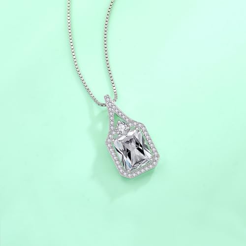 Created Gemstone Necklace 925 Sterling Silver Halo Rectangular Pendant Birthstone Necklaces Jewelry Gifts for Women - color: 04 April - Cubic Zirconia