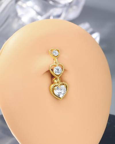 Triple Heart Dangle Belly Button Rings - 14G Reverse Navel Rings Dangly Cute Belly Piercing Jewelry - Stainless Steel - color: Yellow Gold