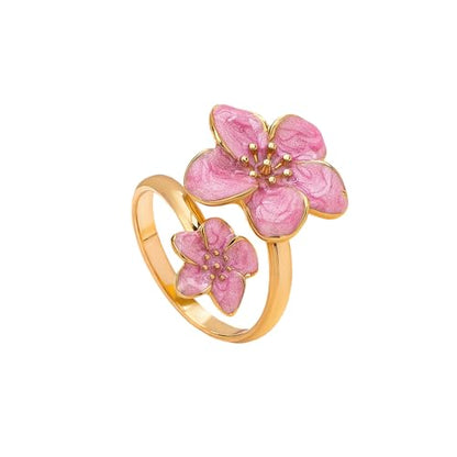 NewZenro Elegant Flower Enamel Adjustable Open Ring for Women Gold-Tone Plated Chic Cherry Blossoms Floral Statement Finger Wrap Band Rings Comfort Fit Wedding Party Prom Fashion Jewelry - color: Pink