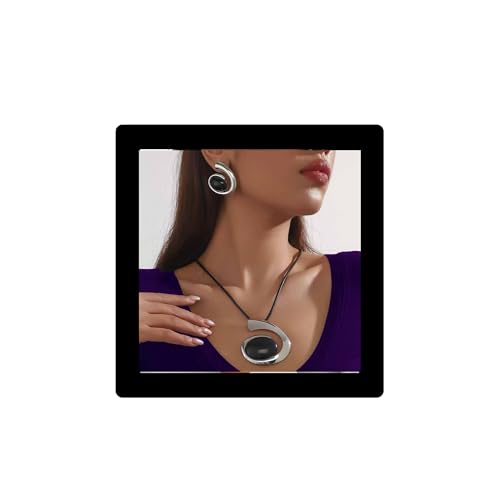 Gold Jewelry Set, Bohemian Double-Layer Black Rope With Oval Black Acrylic Pendant Necklace And Bracelet Set Vintage Trendy Golden Necklaces Bracelets For Women Gift - color: Silver-1