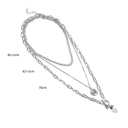 Womens Silver Layered Necklace Set, Triple Strand Hip Hop Coin Pendant Choker, Chunky Link Chain Jewelry for Streetwear