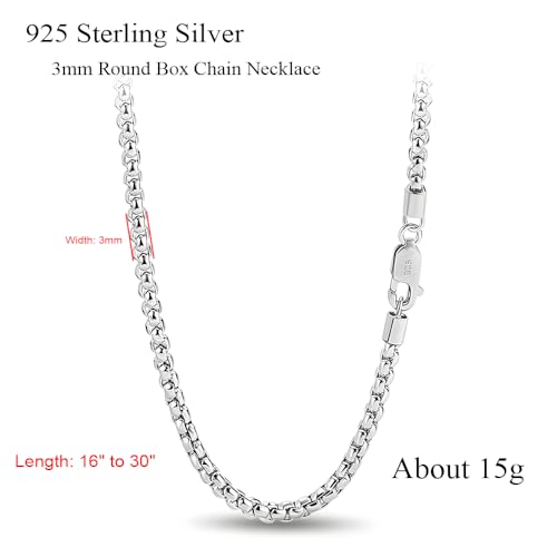 Solid 925 Sterling Silver 3mm Round Box Chain Necklace | Italian Style Box Cable Chain with Lobster Clasp, 16" to 30" Length for Men & Women - size: 20"