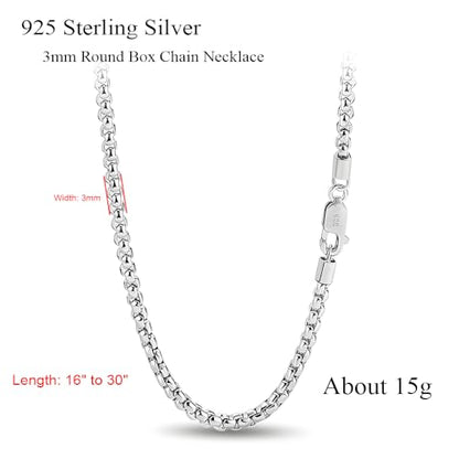 Solid 925 Sterling Silver 3mm Round Box Chain Necklace | Italian Style Box Cable Chain with Lobster Clasp, 16" to 30" Length for Men & Women - size: 24"