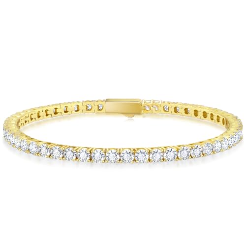 KRKCLIFE Tennis Bracelets for Women Men 14K Gold Plated Hypoallergenic | Classic Round AAAAA Cubic Zirconia 3/4/5mm Width,Elegant Jewelry Anniversary Birthday Gifts for Women Him Wife Mom 6.5-8 Inch - color: Yellow Gold