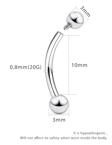 16g/18g/20g Titanium Internally Threaded Eyebrow Piercing Jewelry Vertical Labret Lip Jewelry Curved Barbell Tiny Eyebrow Ring Rook Earring Small Belly Button Ring for Women Men - color: ball,20g,bar:10mm