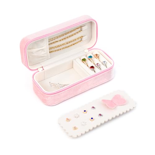 BONNY DODO Small Travel Jewelry Box Organizer for Women with Plush Velvet | Pink Portable Mini Jewelry Case Compact Storage Holder for Earrings Rings Necklaces Bracelets, Small Travel Gift Box - color: Pink, size: 6.2*2.6