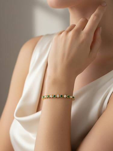 D Color VVS1 Clarity Moissanite and Genuine Sapphire/Emerald/Ruby Tennis Bracelets for Women 2.22ct-10.45ct, Solid 925 Sterling Silver, Anniversary Wedding Valentines Jewelry for Her, Length 5.9-7.5 Inch(15-19cm) - color: Moissanite & Emerald (3.4 - 4.2 C